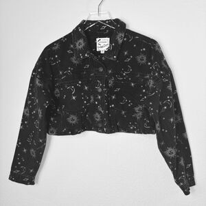 Stoosh Vintage Women’s Denim Jacket M Black Celestial Mystic Star Print Cropped